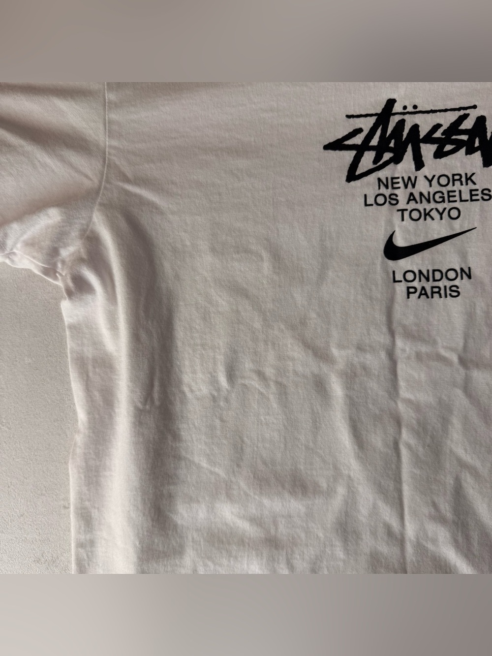 White Nike X Stussy International Tee Features A Graphic Listing Global Cities View 2